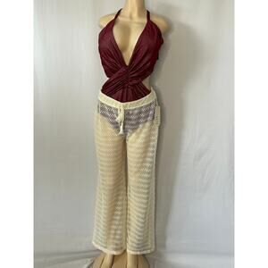 Swimsuit & Crochet Pants Set Burgundy Cutout One Piece Resort Outfit XL